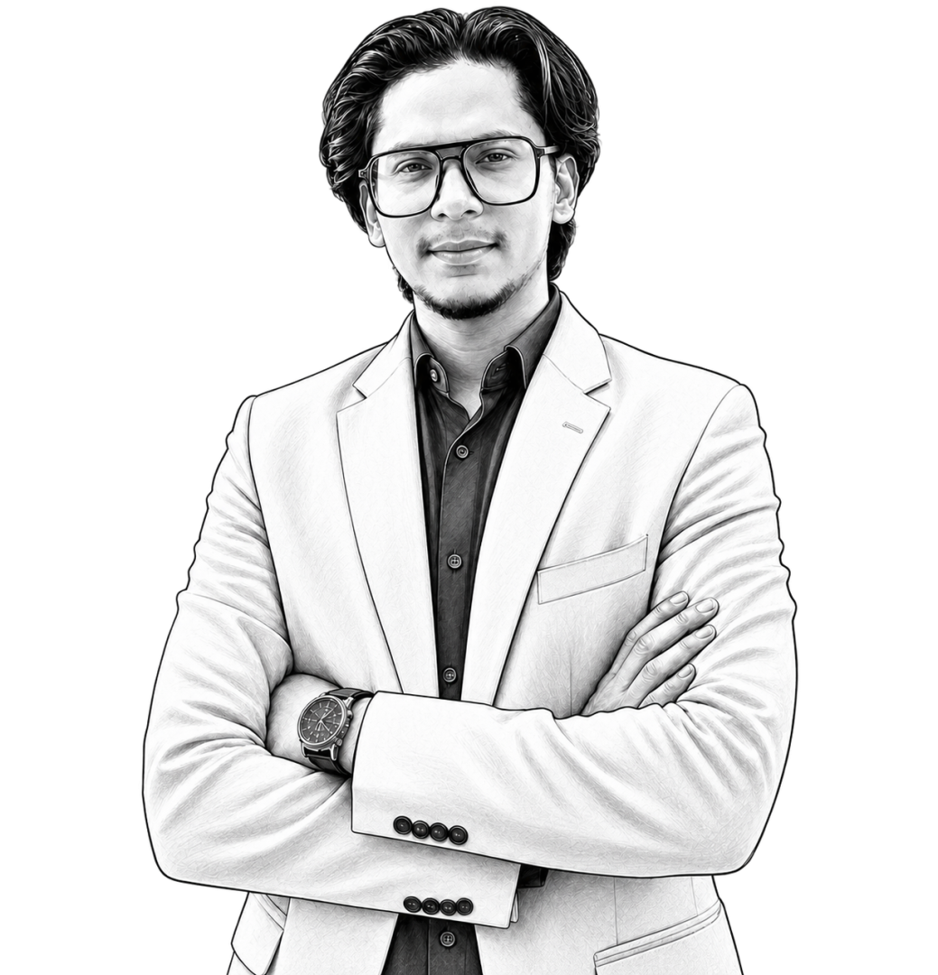 Black-and-white illustrated portrait of Aditya Bansal
